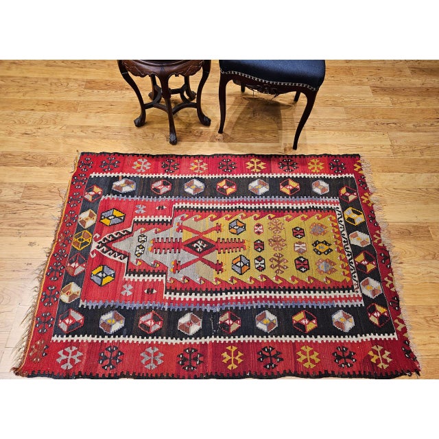 Antique Turkish Kilim, Handwoven Wool, Prayer Pattern, Pale Yellow & Red, 4x5 For Sale - Image 12 of 12