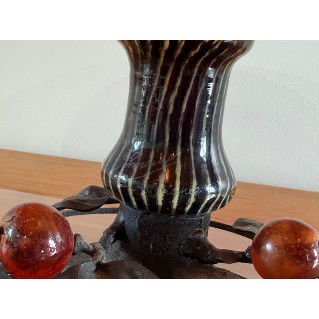 Signed Charles Schneider French Art Deco Tangerine Mottled Glass & Wrought Iron Centerpiece Bowl, France, Circa 1925 For Sale - Image 6 of 10