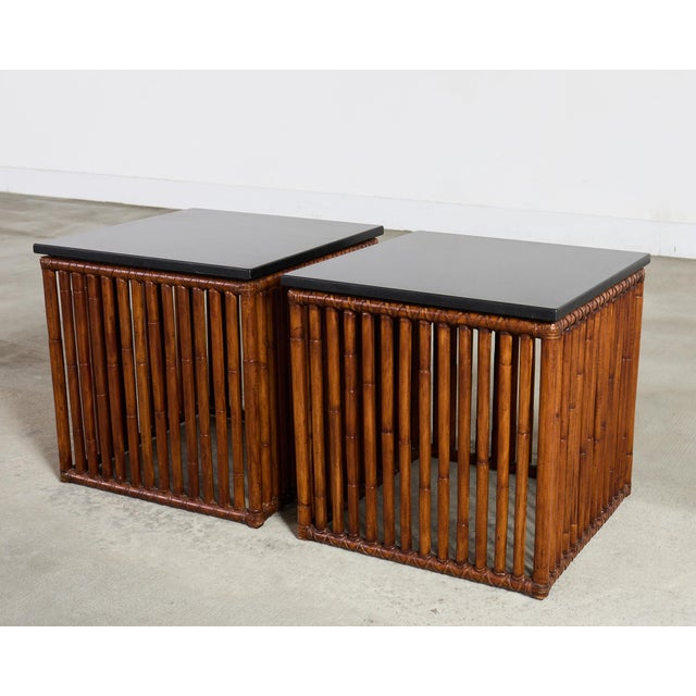 McGuire Pair of McGuire Bamboo Cube Granite Top Drinks Tables For Sale - Image 4 of 18