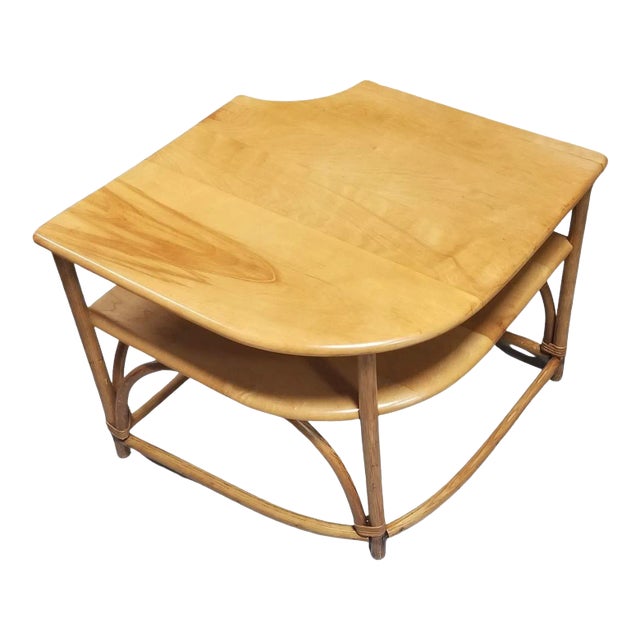 1950s Restored Mid Century Maple and Faux Rattan Corner Table by Heywood Wakefield For Sale