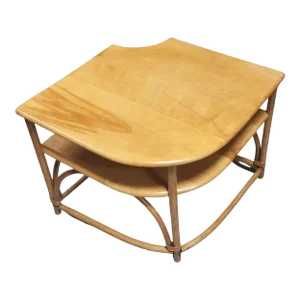 1950s Restored Mid Century Maple and Faux Rattan Corner Table by Heywood Wakefield