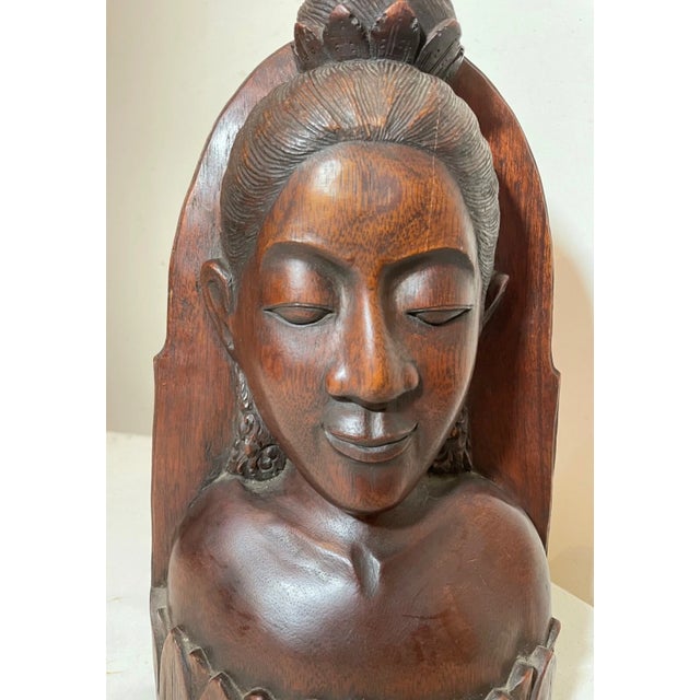 Brown 1940s Hand Carved Balinese Indonesian Bali Lady Bust Wood Carving Sculpture For Sale - Image 8 of 13