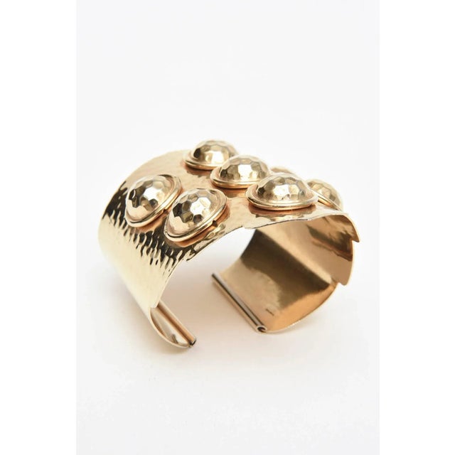 Vintage Hand Hammered Brass Wide Cuff Bracelet With Seven Raised Disks, 1970's For Sale - Image 4 of 8