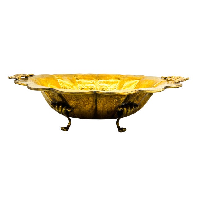 Vintage Hand-Hammered Brass Footed Centerpiece Bowl With Foliate Handles – Rustic European / Rococo For Sale In Houston - Image 6 of 15