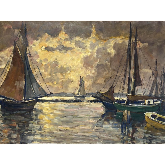A painting * Large oil painting * Canvas stretched on a wooden frame * A harbor scene with sailing ships * By Hans...