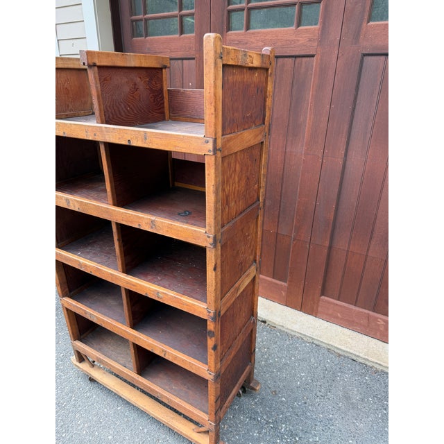 Early 20th Century Maine Shoe Factory Numbered Wood Rolling Cubbies / Industrial Shelving Cart For Sale - Image 9 of 18