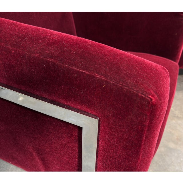 Wood Stendig Mid-Century Modern Cube Lounge Chairs in Burgundy Mohair Velvet and Chrome, Robert Hausmann for De Sede Style - A Pair For Sale - Image 7 of 16