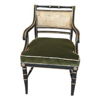 Antique Regency-Style Ebonized & Gilt Armchair With Cane Back & Green Velvet For Sale