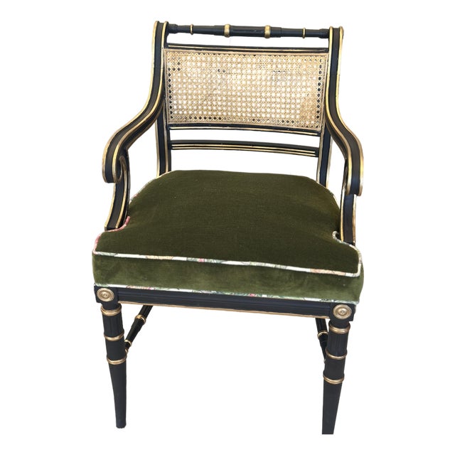 Antique Regency-Style Ebonized & Gilt Armchair With Cane Back & Green Velvet For Sale