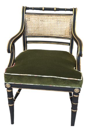 Antique Regency-Style Ebonized & Gilt Armchair With Cane Back & Green Velvet