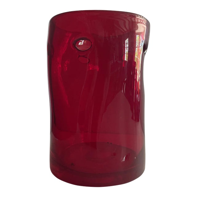 Ruby Red Art Glass Vase or Candle Holder - Hand Blown Asymmetrical With Pinch Dimple For Sale