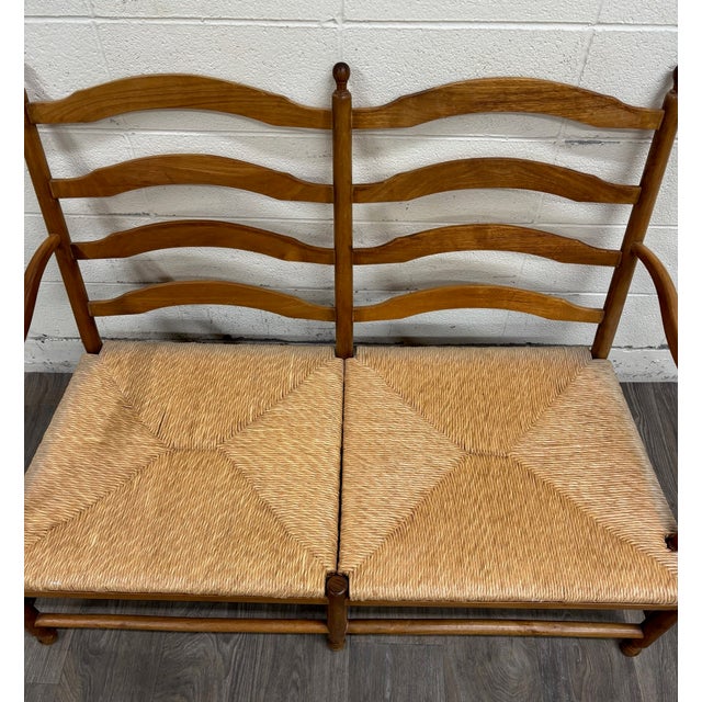 Farmhouse Vintage Country French Double Seat Ladder Back Rush Seat Bench Loveseat Settee For Sale - Image 3 of 16