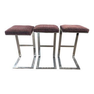 1970s Solid Chrome Metal Upholstered Backless Cantilever Bar Stools - Set of 3 For Sale