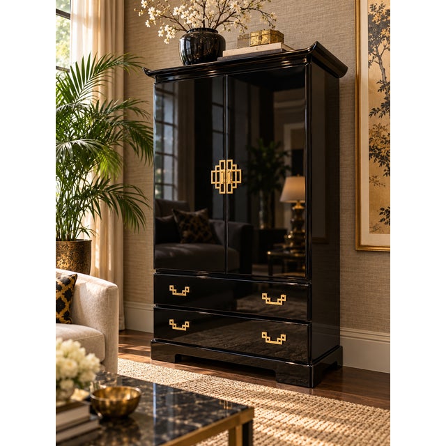 A striking vintage armoire by Broyhill, featuring a dramatic high-gloss black lacquer finish, Asian-inspired architectural...