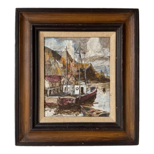 1970's Vintage Jerry Cox Boat-Harbor Oil Painting, Framed