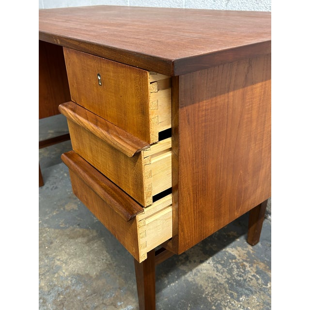Wood 1960s Danish Teak Mid Century Modern Freestanding Desk With Bookshelf Back With Original Key For Sale - Image 7 of 9