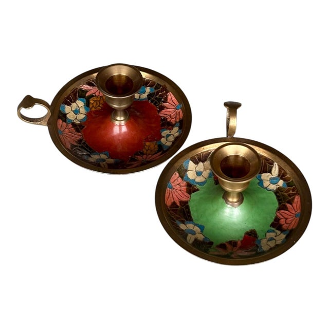 Art Nouveau Candlesticks, Circa 1890. French Art Nouveau candlesticks, circa 1890, made of brass with hand-painted...