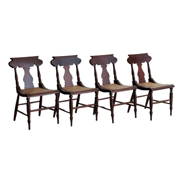 1960s Vintage Sculpted Mahogany Dining Chairs With Cane Seats, Set of 4 For Sale