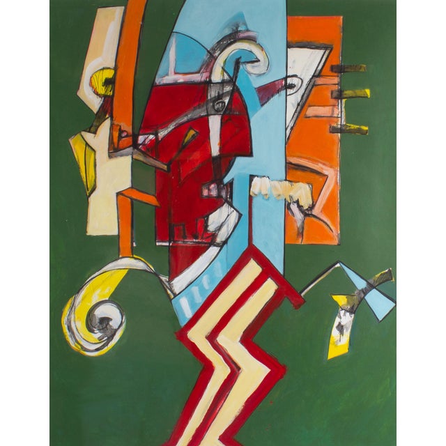 An abstract mixed media painting by the American artist James L. Bruch (1942-2023). Layers of abstract colorful shapes...