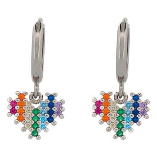 Sparkly Pave Heart Silver Earrings, A Pair For Sale