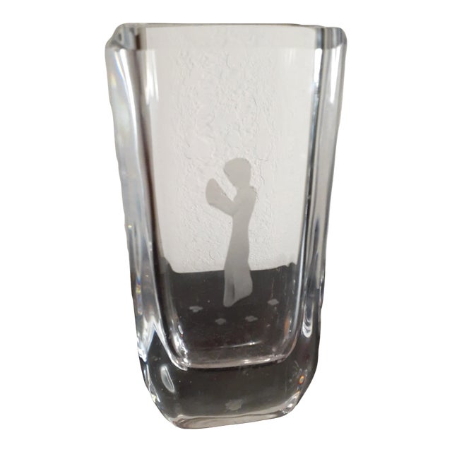 Vintage Artist Signed Skruf Sweden Clear Crystal Vase For Sale