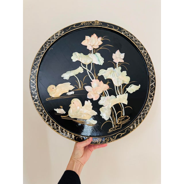 Chinoiserie Black Chinoiserie Round Wall Art/Plaques With Mother of Pearl Inlay- A Pair For Sale - Image 3 of 12