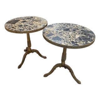 Pair of Italian Brass Pedestal Side Tables With Marble Tops, 1970s For Sale