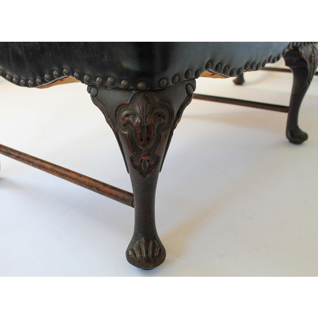 Antique English Georgian Style Hand-Carved Low Bench With Black Leather Upholstery For Sale In Milwaukee - Image 6 of 17