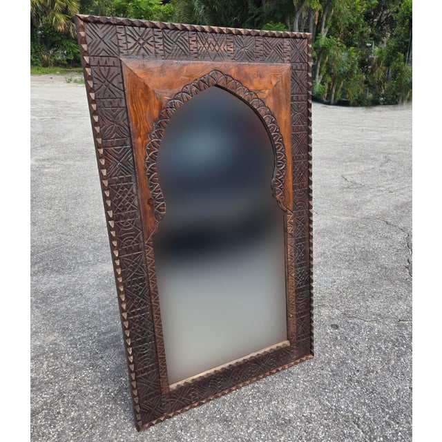 Moroccan Handmade Moroccan, Berber Style Carved Wooden Mirror For Sale - Image 3 of 6