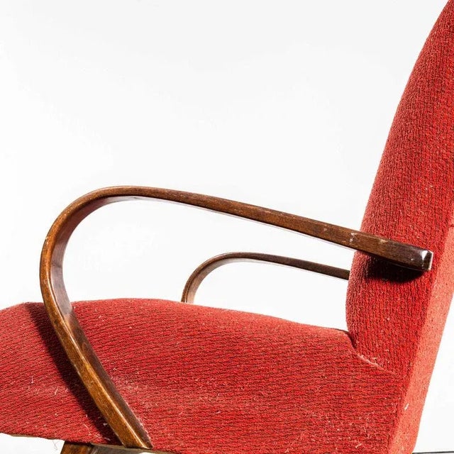 1950’s Jaroslav Šmídek Original Armchairs In A Tomato Boucle Geometric Check Fabric with Sprung Seat. Sourced direct in...