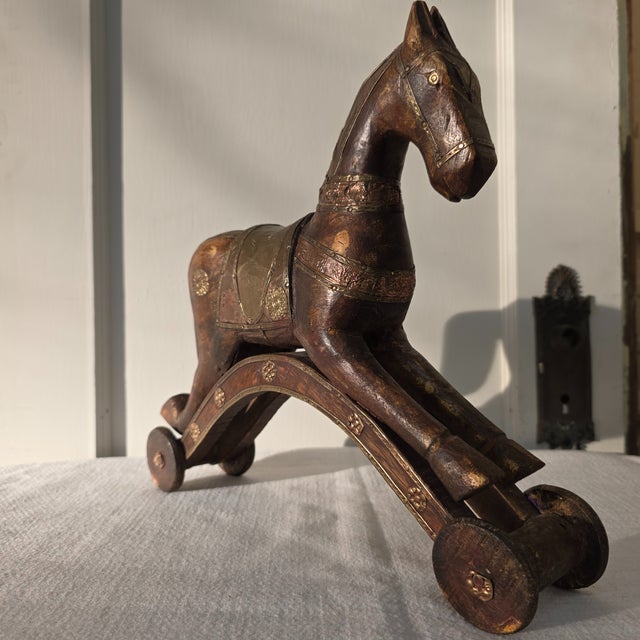 Wood Turn-of-the-Century European Wooden Toy Horse on Wheels With Brass & Copper Inlay For Sale - Image 7 of 11