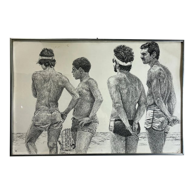 Vintage Pen and Ink Beach Scene Bill Cantwell For Sale