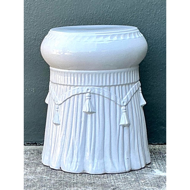 Vintage Italian Rope and Tassel Glazed Ceramic Low Stool For Sale - Image 11 of 12