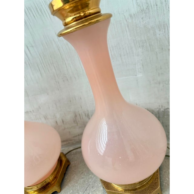 Mid-Century Modern Rare Mid-Century Modern Pink Opaline Italian Murano Paul Hanson Table Lamps in the Style of Cedense Vetri- A Pair For Sale - Image 3 of 12