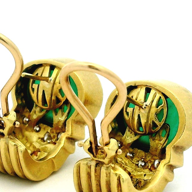 1980s GWK 18k Gold Chrysoprase Intaglio Diamond Earrings, Pair For Sale - Image 12 of 12