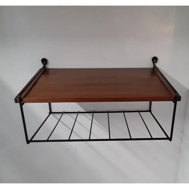 Metal Small Mid-Century Minimalist Teak Wall Shelf with Black Wire Frame, 1960s For Sale - Image 7 of 7