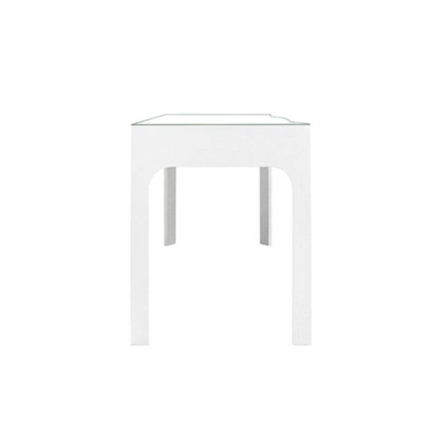 Not Yet Made - Made To Order Matthew Izzo Home Gladys White Textured Linen Three Drawer Desk With Brass Hardware and Glass Top For Sale - Image 5 of 6