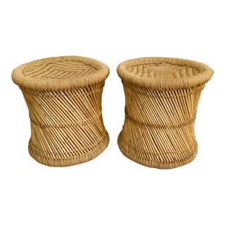 Vintage Pair of Crespi Style Pencil Reed Rattan & Woven Rush Ottoman Footstools For Sale