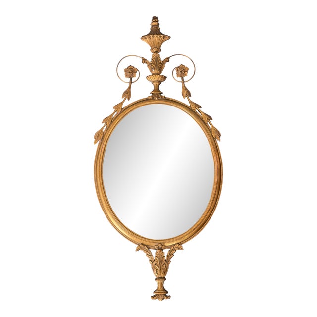 Antique French Louis XVI Style Giltwood Oval Mirror — Urn Crest, Swag Garland, Gold Leaf Gesso Frame, c.1900 For Sale
