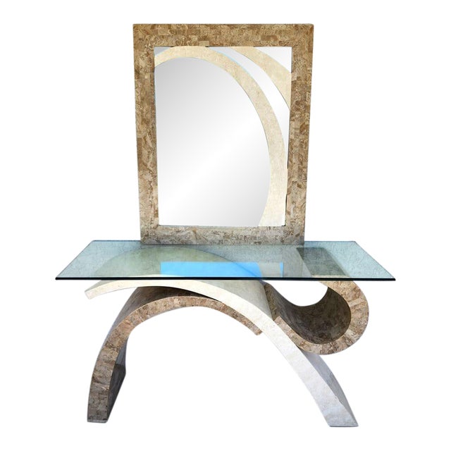 Maitland Smith Console Table & Mirror Sculptural Tessellated Stone Post Modern For Sale