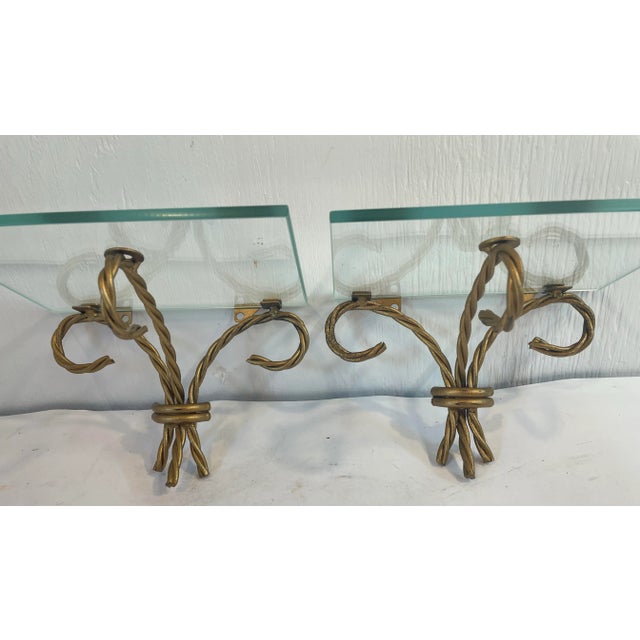Mid-Century Modern Vintage Hollywood Regency Gold Twisted Metal and Glass Wall Shelves - a Pair For Sale - Image 3 of 6