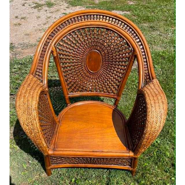 Wood Late 20th Century "Azteca" Woven Rattan Spiderweb Lounge Chairs Featuring Distinctive Sunburst and Web Patterns For Sale - Image 7 of 16