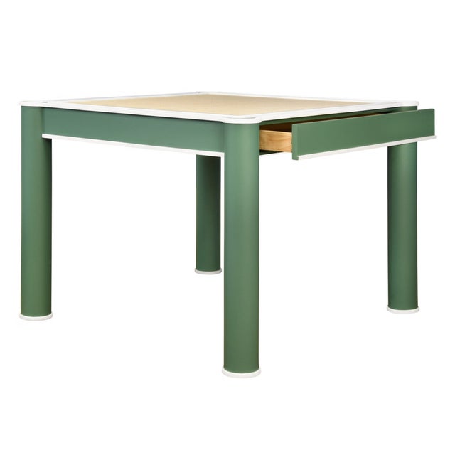 Matthew Izzo Home Jacky Square GrassclothTop, Round Leg, Two Drawer Game Table in Matte Green With Matte White Lacquer Edging For Sale In New York - Image 6 of 7