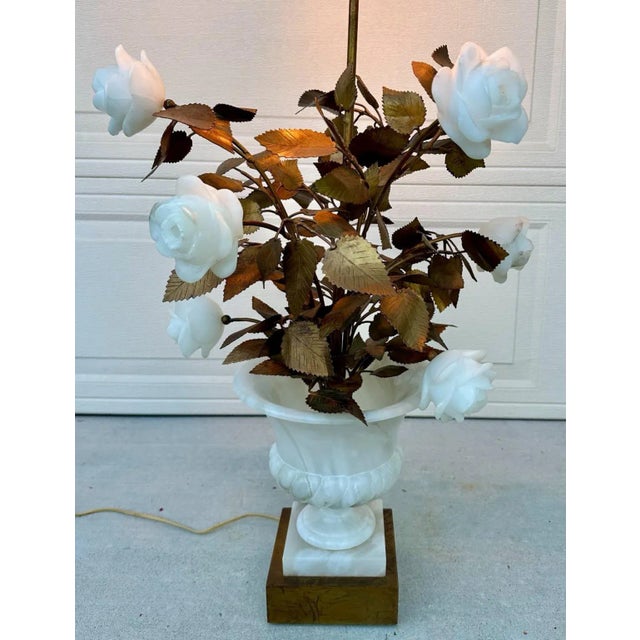1950s Hollywood Regency Italian Alabaster & Gilt Gold Tole Floral Tall Table Lamp For Sale In San Diego - Image 6 of 12