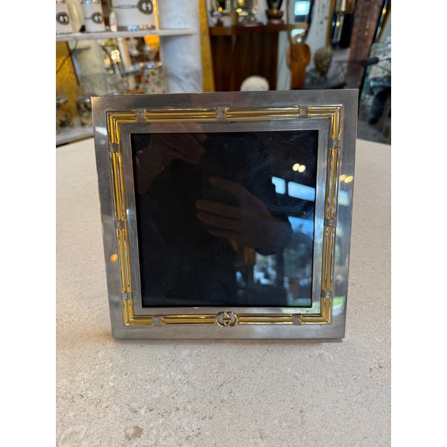 1970s Vintage Gucci Silver and Gilt Metal Picture Frame With Interlocking Gg For Sale - Image 5 of 6