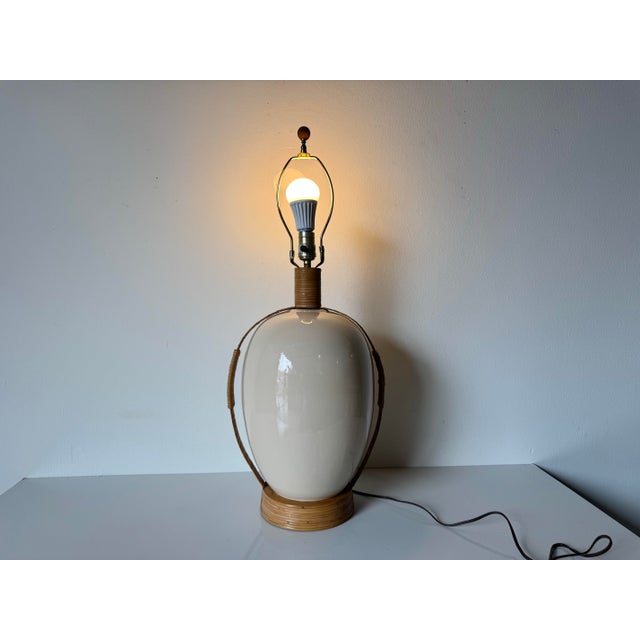 Wood Vintage Rattan and Beige Glaze Ceramic Table Lamp For Sale - Image 7 of 9