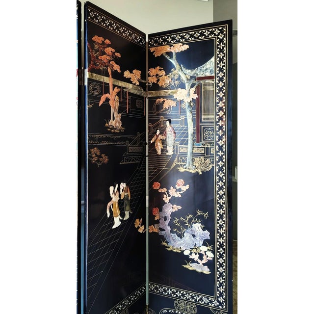 Mid 20th Century Chinese Export Four Panel Carved Soapstone Coromandel Screen For Sale - Image 5 of 9