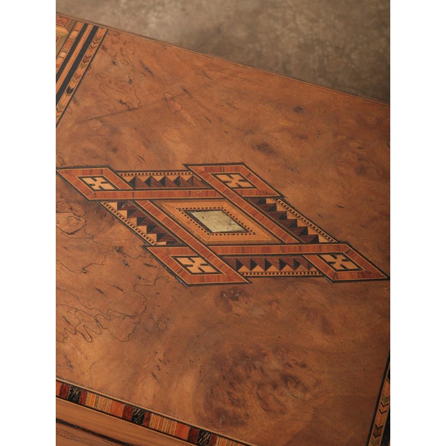 Early 20th Century Vintage Marquetry Inlaid Writing Slope Lap Desk With Geometric Motif and Leather Interior For Sale - Image 5 of 13