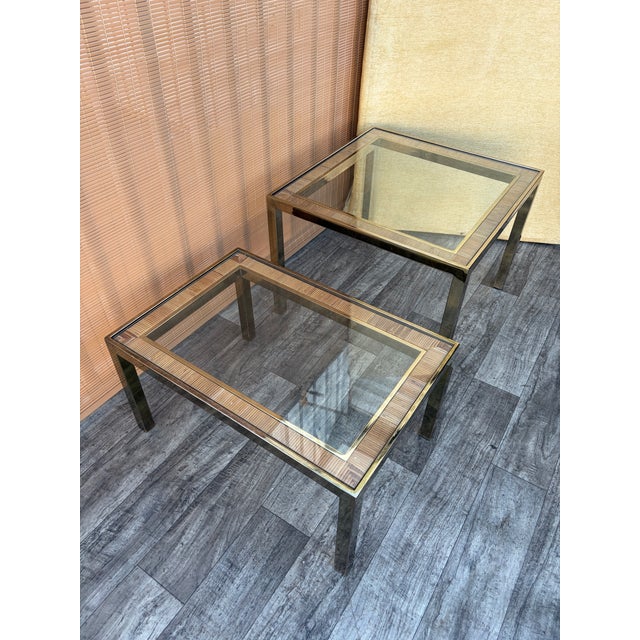 Milo Baughman A Pair of Hollywood Regency Gold Brass and Wicker Side Tables in the Milo Baughman Style. C. 1970s For Sale - Image 4 of 18