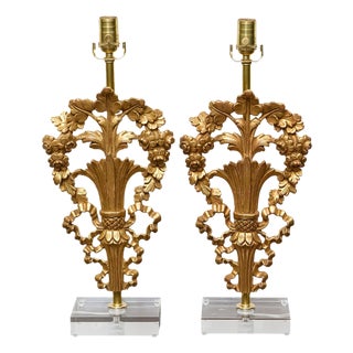 19th Century French Giltwood Floral Fragments Made into Lamps on Custom Lucite Bases - a Pair For Sale